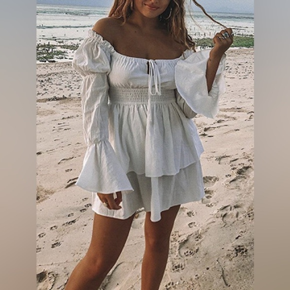 White Ruffle Dress NWT Size XS Cottagecore Boho Off Shoulder Tiered Mini Earthy